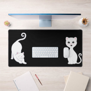 Cute White Cat Animes on Black Desk Mat