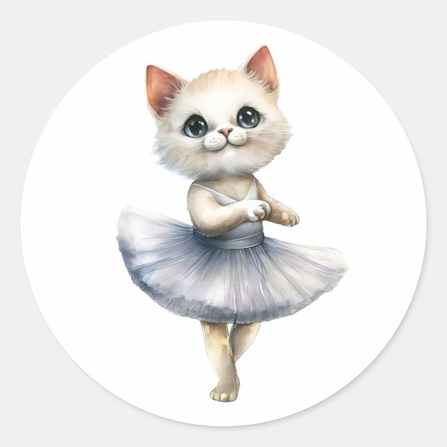 Cute white cat ballerina dancing ballet classic round sticker (Front)