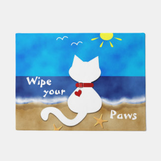 Cute White Cat Beach Theme Wipe Your Paws Door Mat