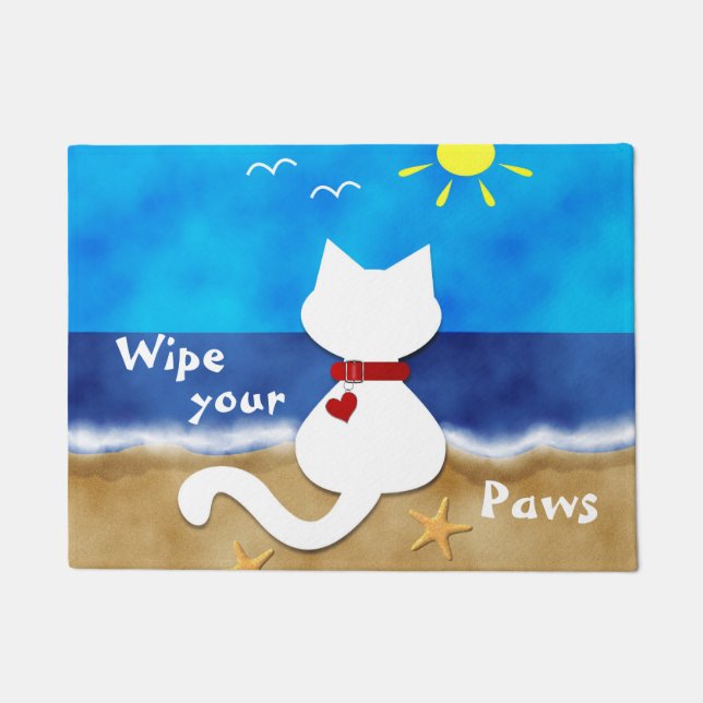 Cute White Cat Beach Theme Wipe Your Paws Door Mat (Front)