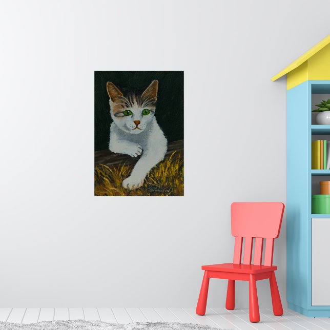 Cute White Cat Beautiful Green Eyes Red Nose Poster (Nursery 1)