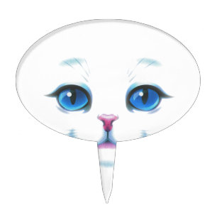 Cute White Cat Blue Eyes Face Cake Topper