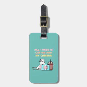 Cute White Cat & Camera Luggage Tag