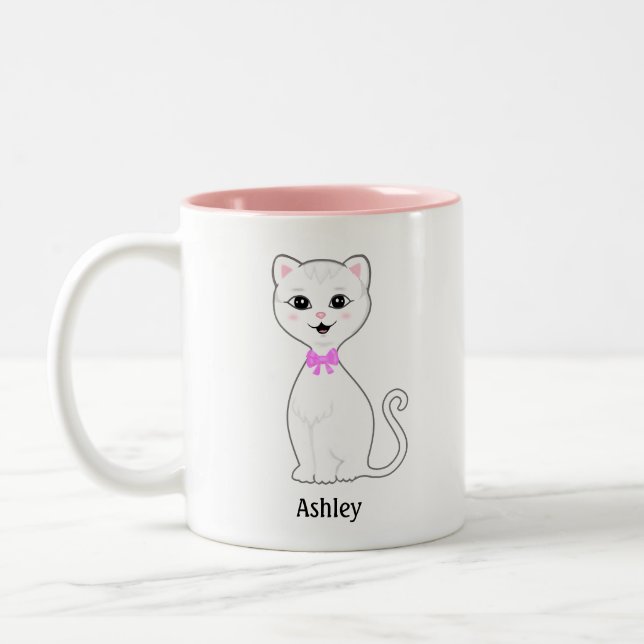 Cute White Cat Cartoon Personalized Two-Tone Coffee Mug (Left)
