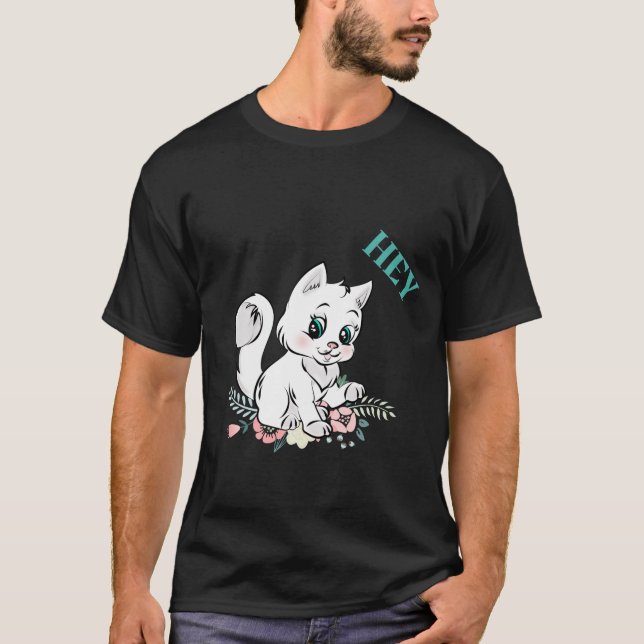 Cute White Cat Cartoon with Flowers Design T-Shirt (Front)
