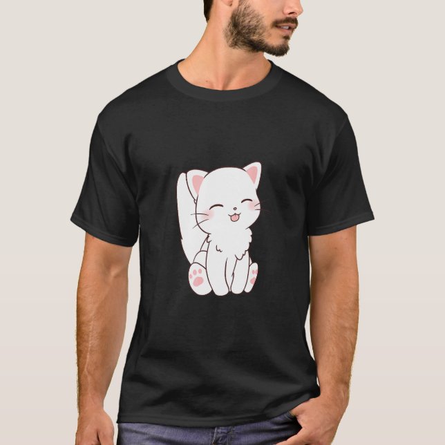 Cute White Cat Chibi Tongue Sticking Out T-Shirt (Front)