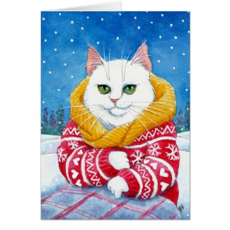 Cute White Cat Christmas or winter card
