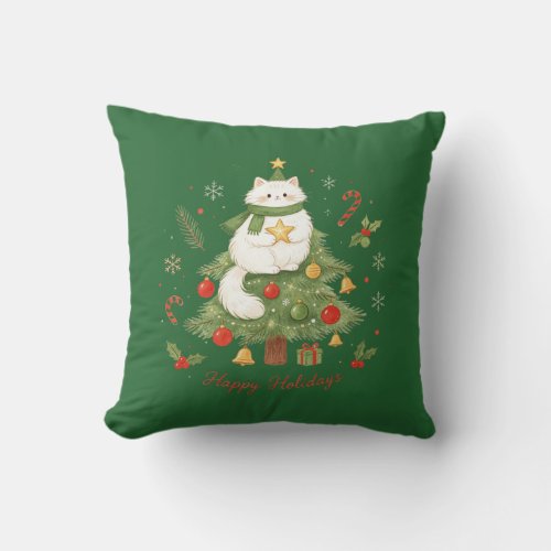 Cute White Cat Christmas Throw Pillow