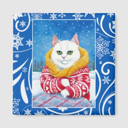 Cute white cat, Christmas winter nature Magnet