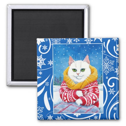 Cute white cat Christmas winter nature Magnet