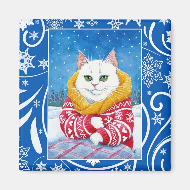 Cute white cat, Christmas winter nature Magnet (Front)