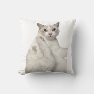 Cute White Cat Cleaning Leg Funny Pet Lover Throw Pillow