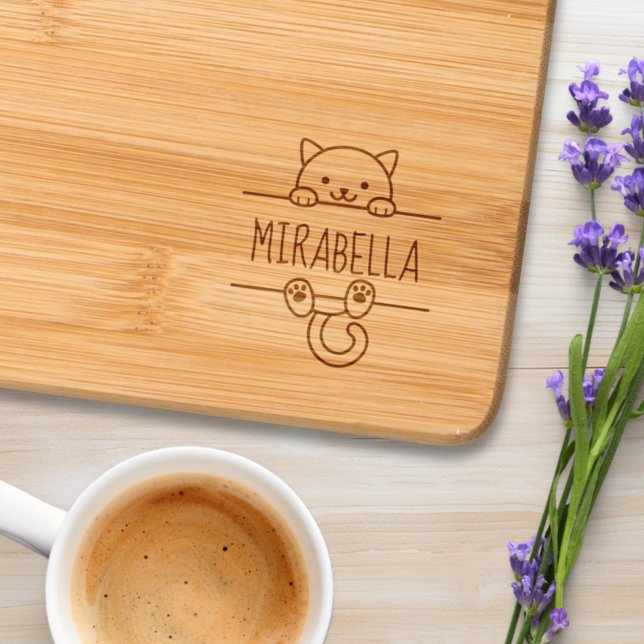 Cute White Cat Custom Name Engraved Cutting Board (Creator Uploaded)