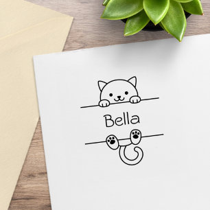 Cute White Cat Custom Name Rubber Stamp
