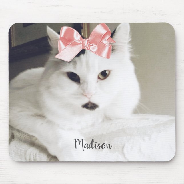 Cute White Cat Custom Photo Personalized Gel Mouse Pad (Front)