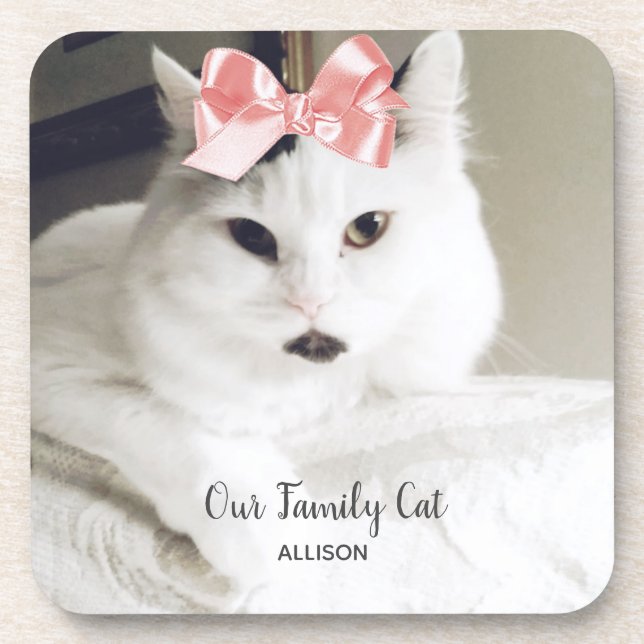 Cute White Cat Custom Text Beverage Coaster (Front)