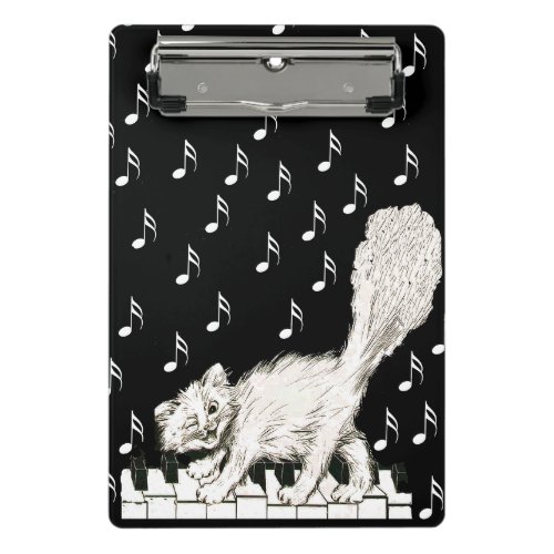 Cute White Cat Dancing on Piano Keyes Drawing Mini Clipboard