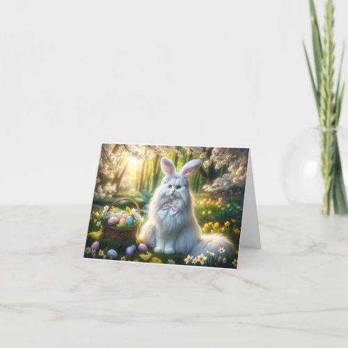 Cute White Cat Dressed Up for Easter Holiday Card