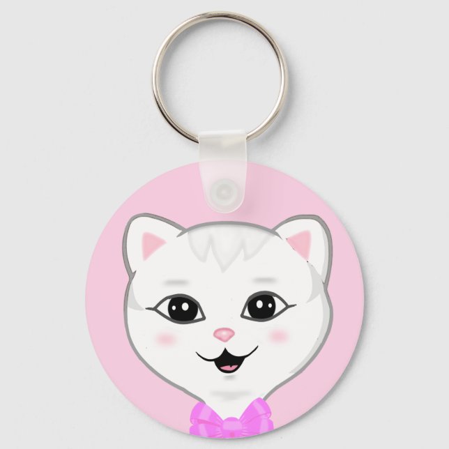Cute White Cat Face on Light Pink Keychain (Front)