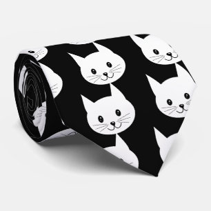 Cute White Cat Face Pattern Neck Tie