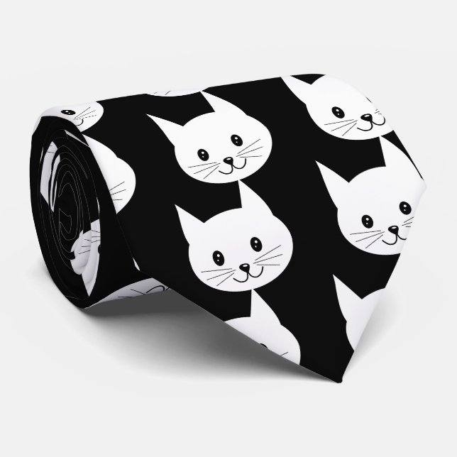 Cute White Cat Face Pattern Neck Tie (Rolled)