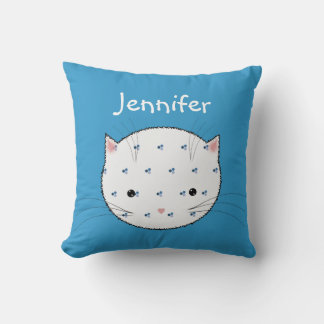 Cute White Cat Face with Blue Pattern Personalized Throw Pillow