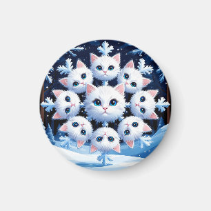 Cute White Cat Faces Arranged in a Snowflake Magnet