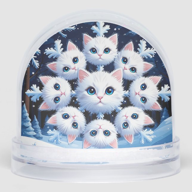Cute White Cat Faces Arranged in a Snowflake Snow Globe (Front)