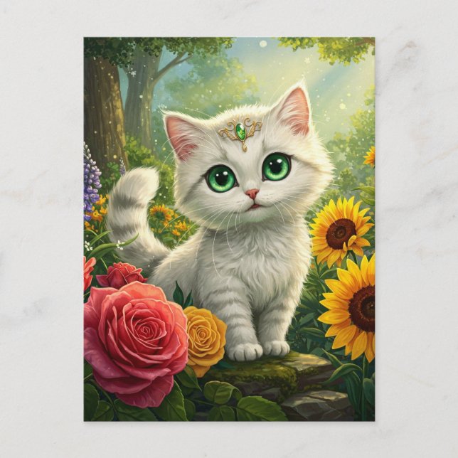 Cute White Cat  Flower Fantasy Green Eyes Postcard (Front)