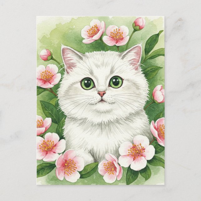 Cute White Cat  Flower Wreath Watercolor Postcard (Front)