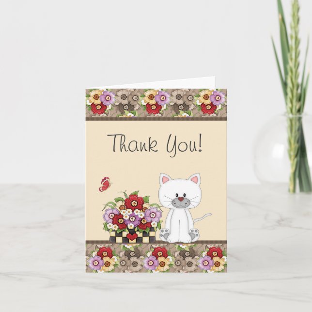 Cute White Cat, Flowers and Butterfly Thank You (Front)