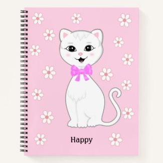 Cute White Cat & Flowers on Light Pink