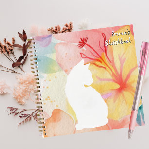 Cute white Cat,Fun Animal,Watercolor Flower,Custom Notebook