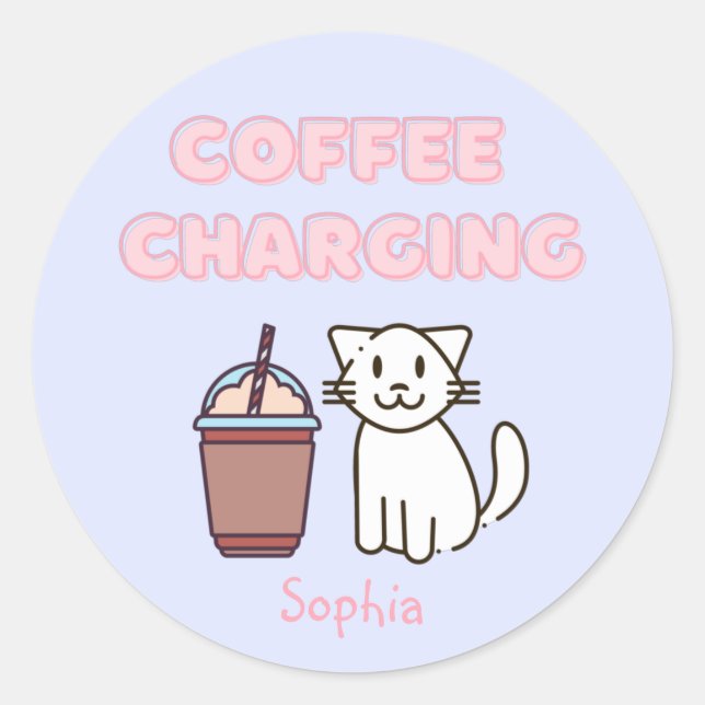 Cute White Cat&Funny Coffee Caffeine Pastel Classic Round Sticker (Front)
