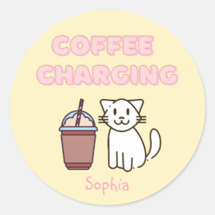 Cute White Cat&Funny Coffee Caffeine Pastel Classic Round Sticker