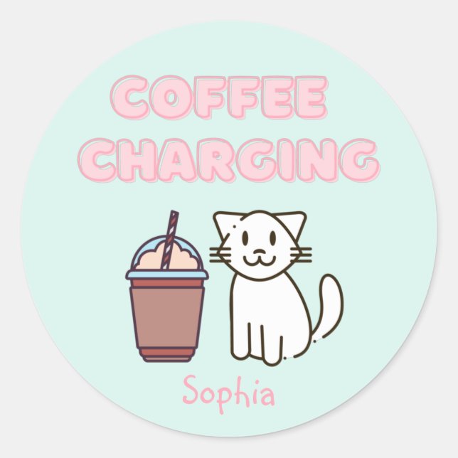 Cute White Cat&Funny Coffee Caffeine Pastel Classic Round Sticker (Front)