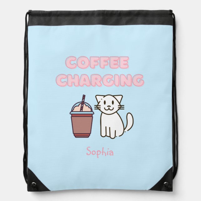 Cute White Cat&Funny Coffee Caffeine Pastel  Drawstring Bag (Front)
