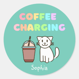 Cute White Cat&Funny Coffee Caffeine Rainbow Classic Round Sticker