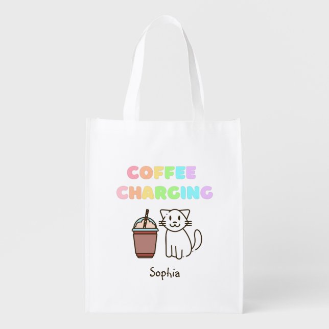 Cute White Cat&Funny Coffee Caffeine Rainbow  Grocery Bag (Front)