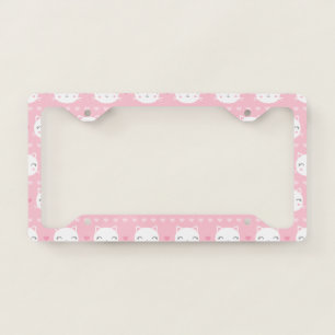 Cute White Cat Girly Pink Pattern License Plate Frame