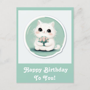 Cute White Cat Happy Birthday Personalized Holiday Postcard