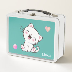 Cute White Cat & Heart on Teal Metal Lunch Box