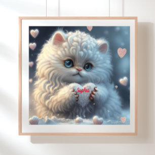Cute White Cat holding heart personalized art Poster