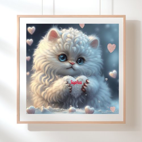 Cute White Cat holding heart personalized art  Poster