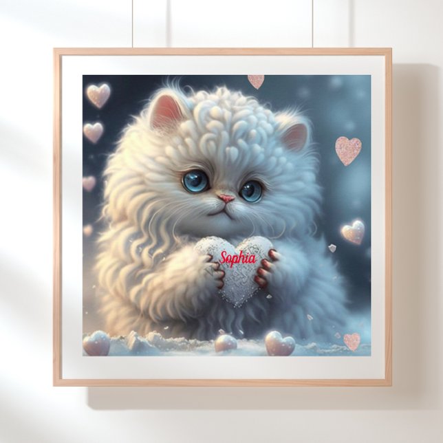 Cute White Cat holding heart personalized art  Poster (Creator Uploaded)