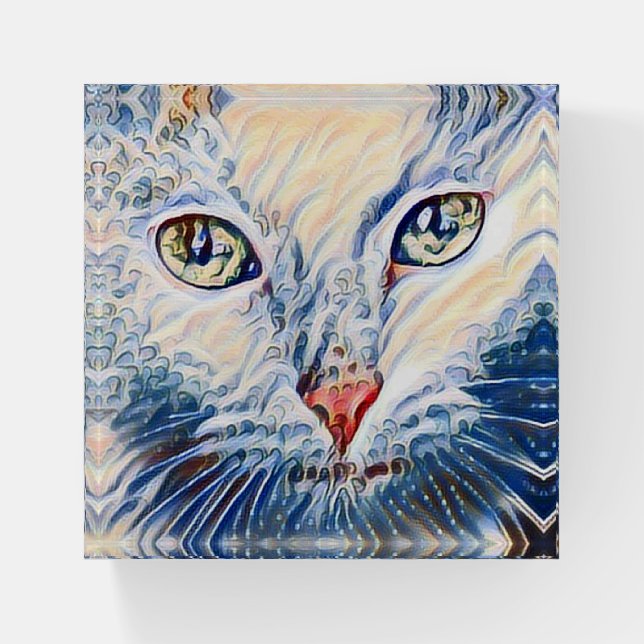 Cute White Cat Impressionist Art  Paperweight (Front)