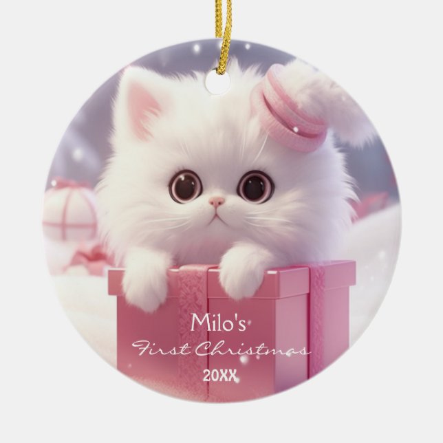 Cute White Cat in a box Christmas Personalized  Ceramic Ornament (Front)