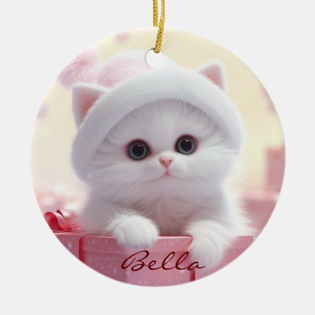 Cute White Cat in a box Christmas Personalized  Ceramic Ornament (Front)