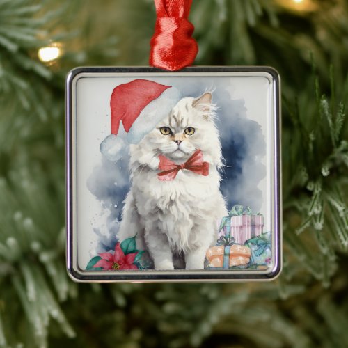 Cute White Cat in Santa Hat Gifts Christmas  Metal Ornament