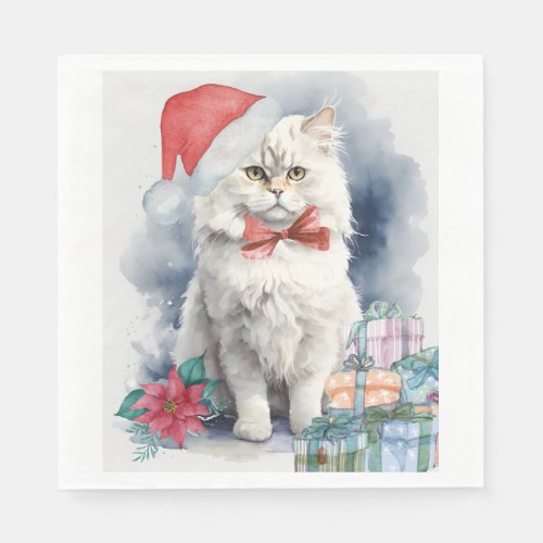 Cute White Cat in Santa Hat Gifts Christmas  Napkins